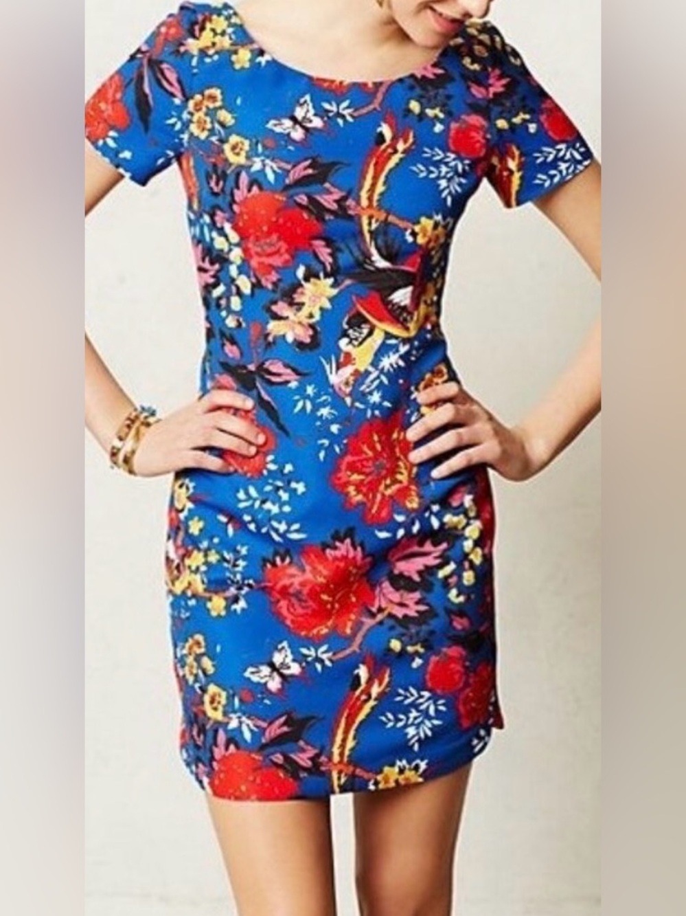 Plenty by Tracy Reese Floral Bird Print Sheath Dress Size 6 Blue Red Pink